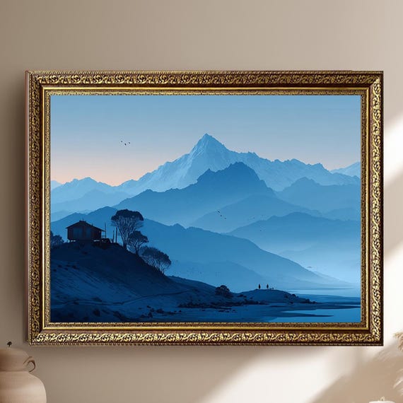 Blue Mountain Landscape Canvas Wall Art Minimal Nature Scene With Cabin And Lake Print Serene Home Decor