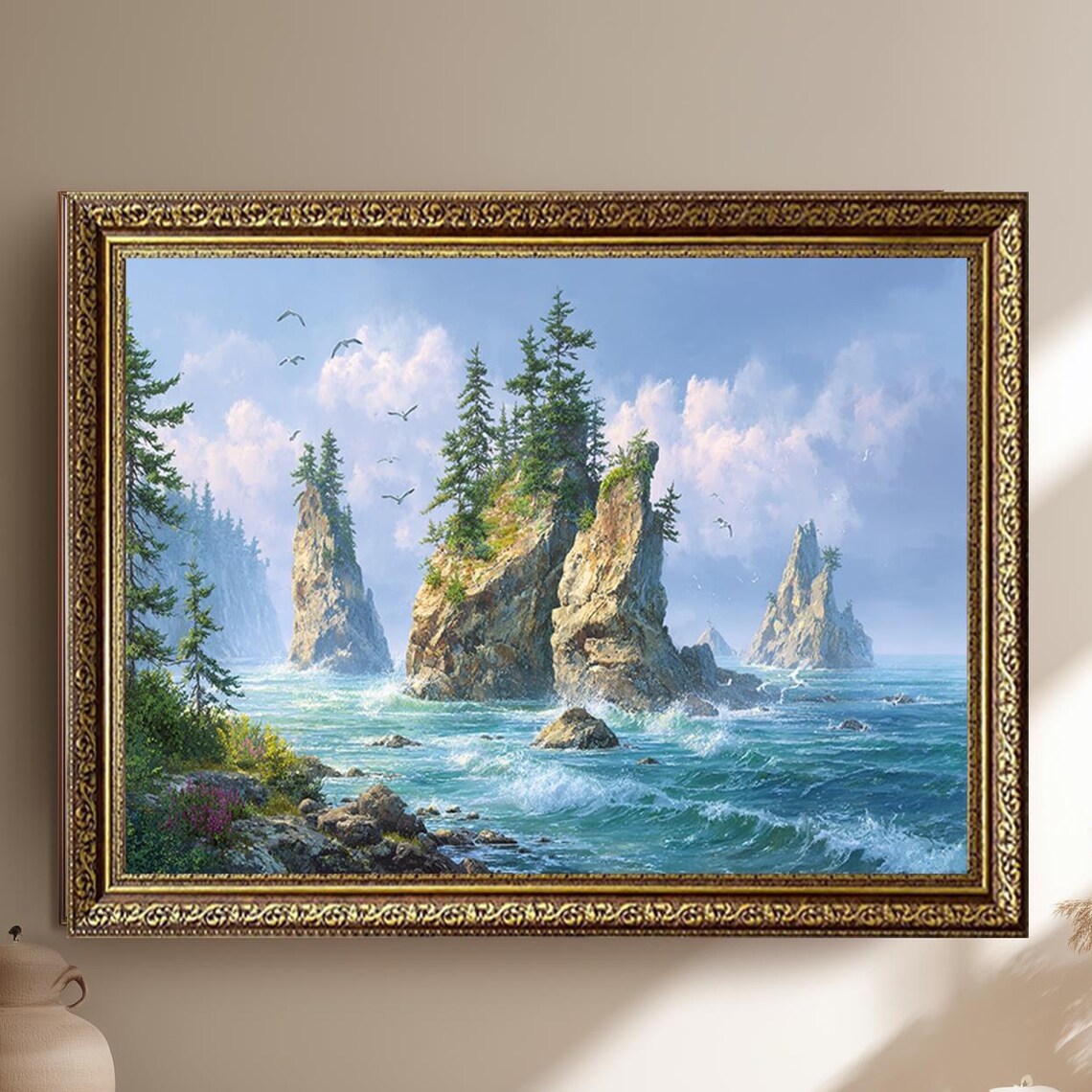 Rocky Coastal Sea Stacks Pines Ocean Seascape Painting Poster