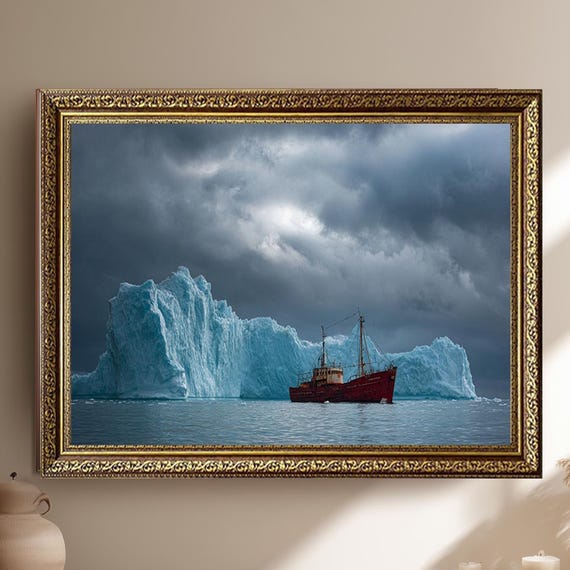 Dramatic Arctic Iceberg And Red Fishing Boat Stormy Polar Seascape Photography With Massive Glaciers For Nautical Wall Art Decor