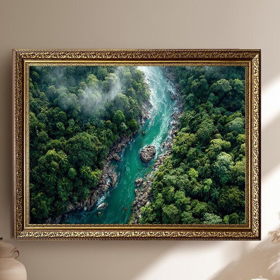 Tropical River Jungle Canvas Wall Art Aerial Rainforest Landscape Print With Turquoise Water Nature Adventure Decor For Home Or Office