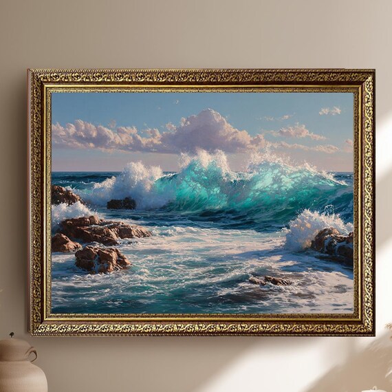 Turquoise Ocean Wave Crashing Rocky Coast Dramatic Seascape Print