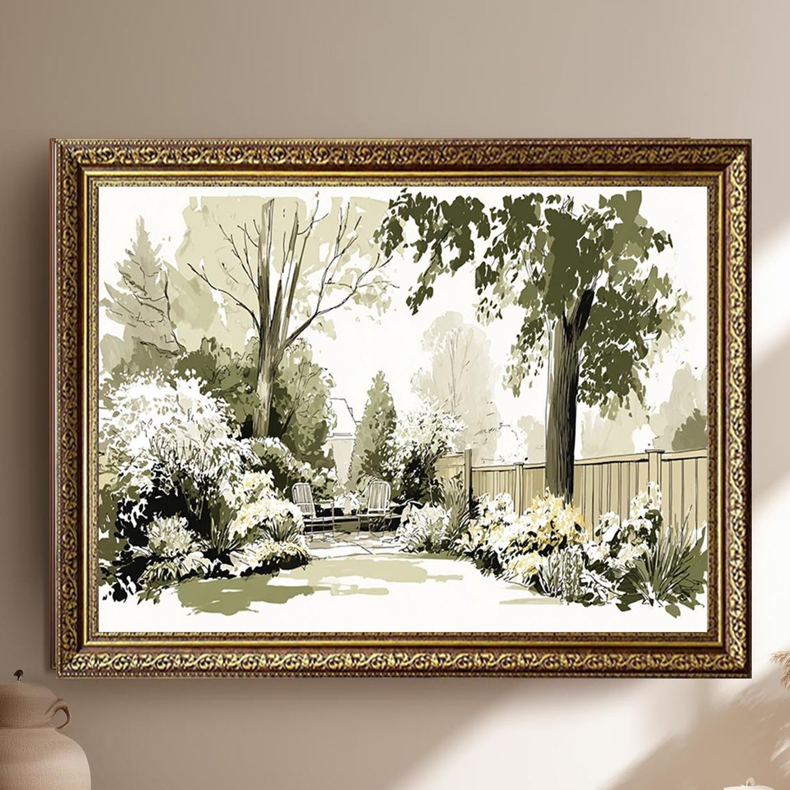 Serene Green Garden Patio Sketch Style Backyard Nature Wall Art