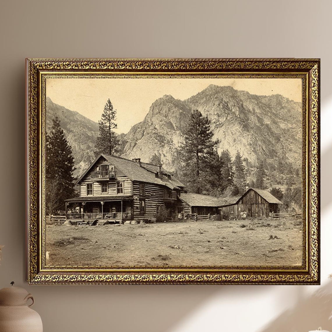 Vintage Sepia Mountain Cabin Log House and Barn Old West Poster