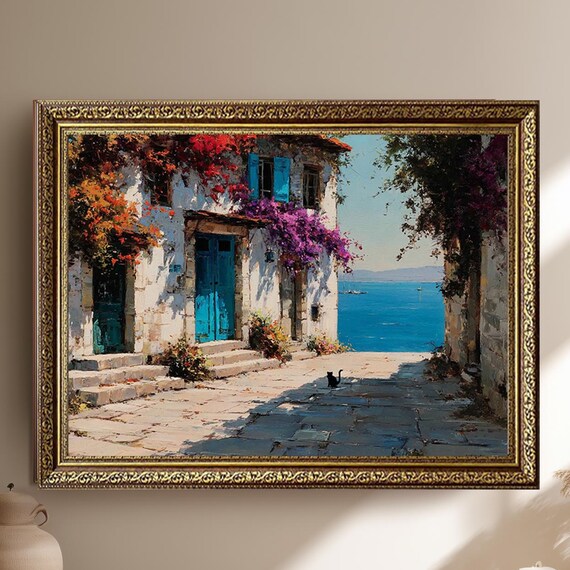 Mediterranean Coastal Street Blue Doors Sea View Oil Painting Poster