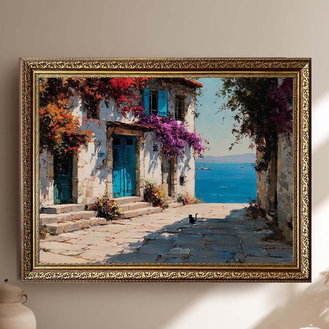 Mediterranean Coastal Street Blue Doors Sea View Oil Painting Poster