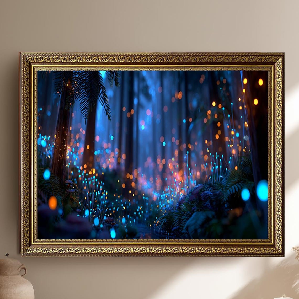 Bioluminescent Night Forest With Blue And Orange Glow Poster