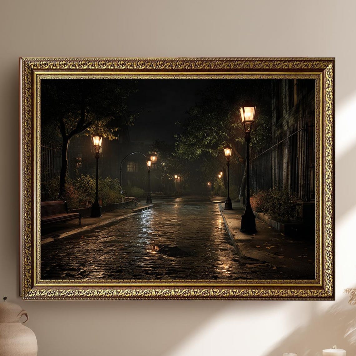 Rainy Night Cobblestone Street Lampposts Vintage Cityscape Poster