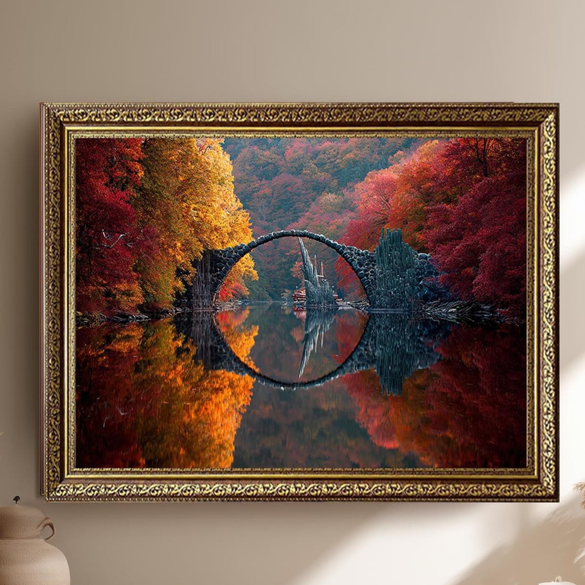 Autumn Arch Bridge Circle Reflection Red Foliage Painting Wall Art