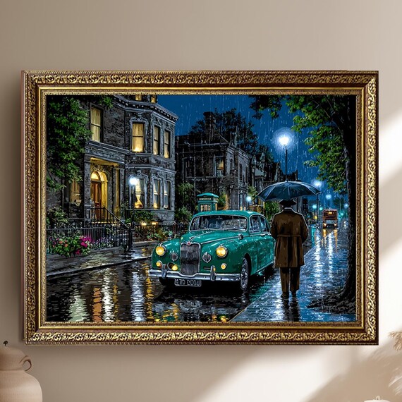 Rainy London Night Street Vintage Car Umbrella Retro Cityscape Poster