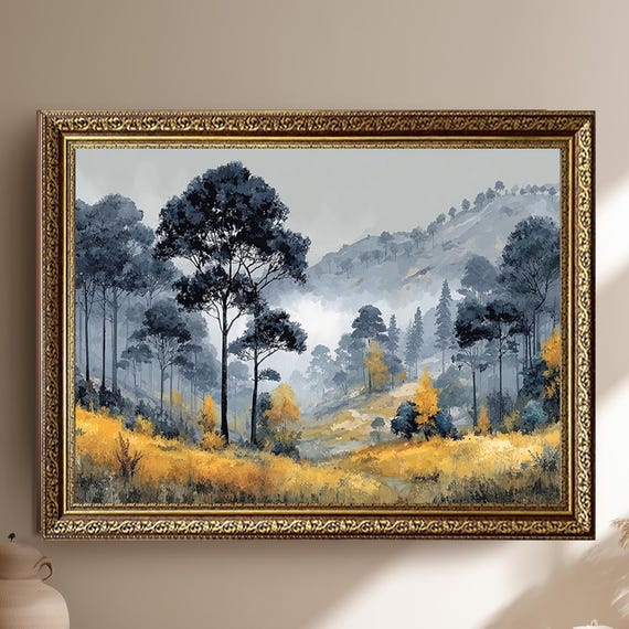 Yellow And Gray Misty Forest Canvas Print Mountain Landscape Wall Art Tranquil Nature Painting Rustic Modern Home Decor For Living Room