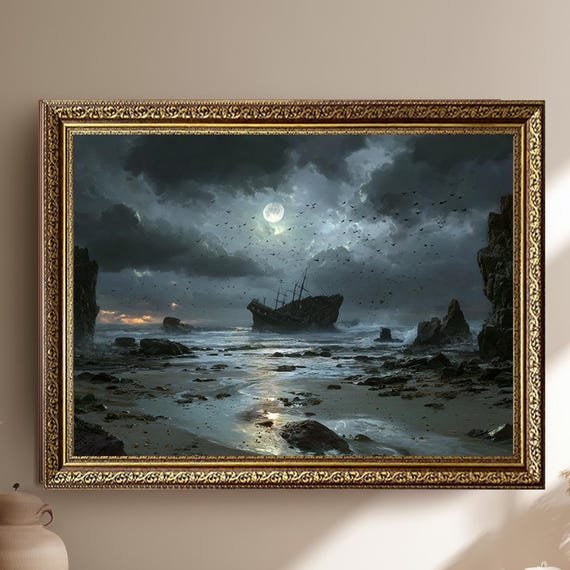 Haunted Shipwreck At Moonlit Shore Canvas Wall Art Dark Nautical Seascape Painting Mysterious Ocean Scene Print For Dramatic Decor