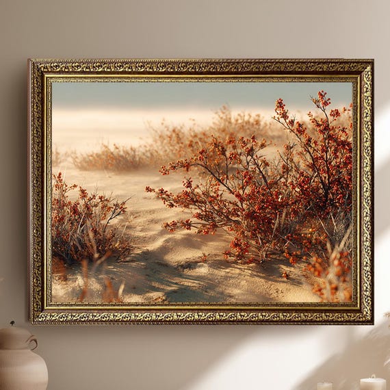 Golden Desert Landscape Wall Art Warm Sandy Dunes With Red Berry Shrubs Nature Photography For Rustic And Boho Home Decor