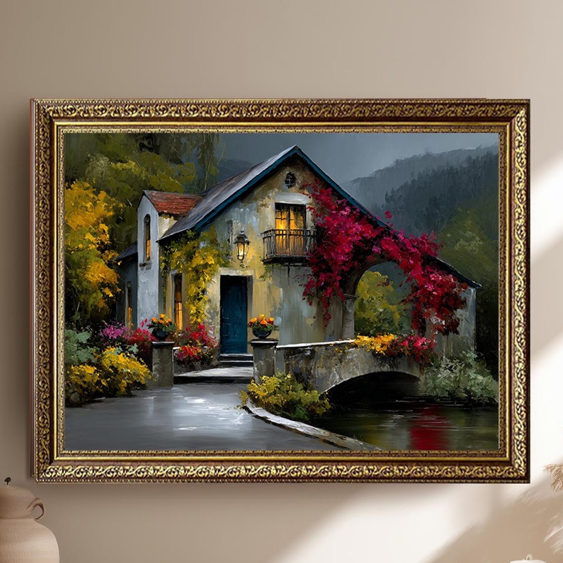 Romantic Cottage Night Lights Flower Garden Riverside Oil Poster