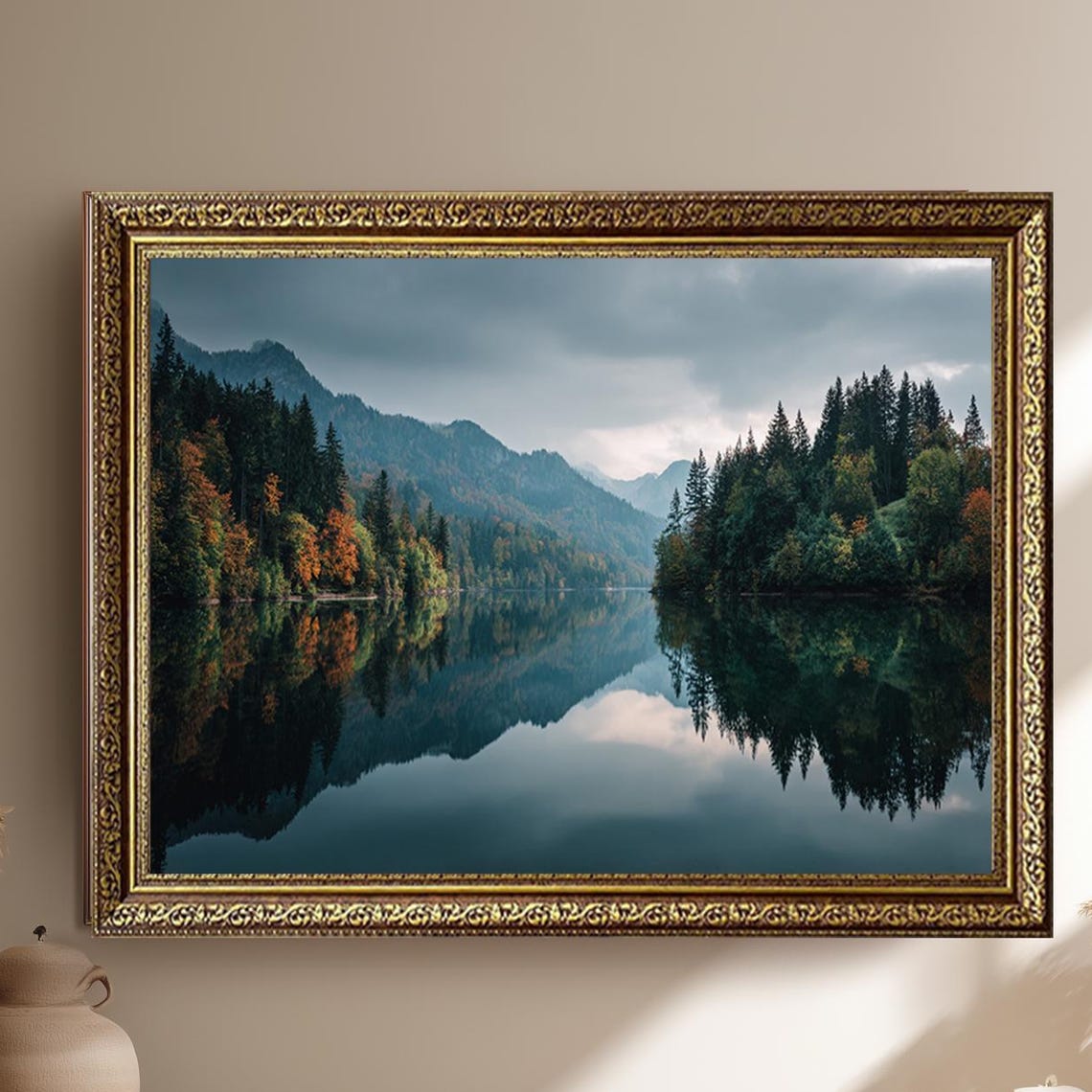 Serene Mountain Lake Mirror Reflection Pine Forest Autumn Poster