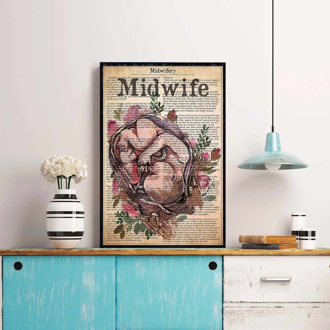 Midwifery Pregnant Woman Floral Anatomy Dictionary Art Poster - Image 3