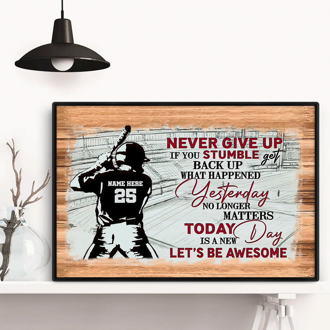 Personalized Baseball, Never Give Up Motivational Poster - Image 2