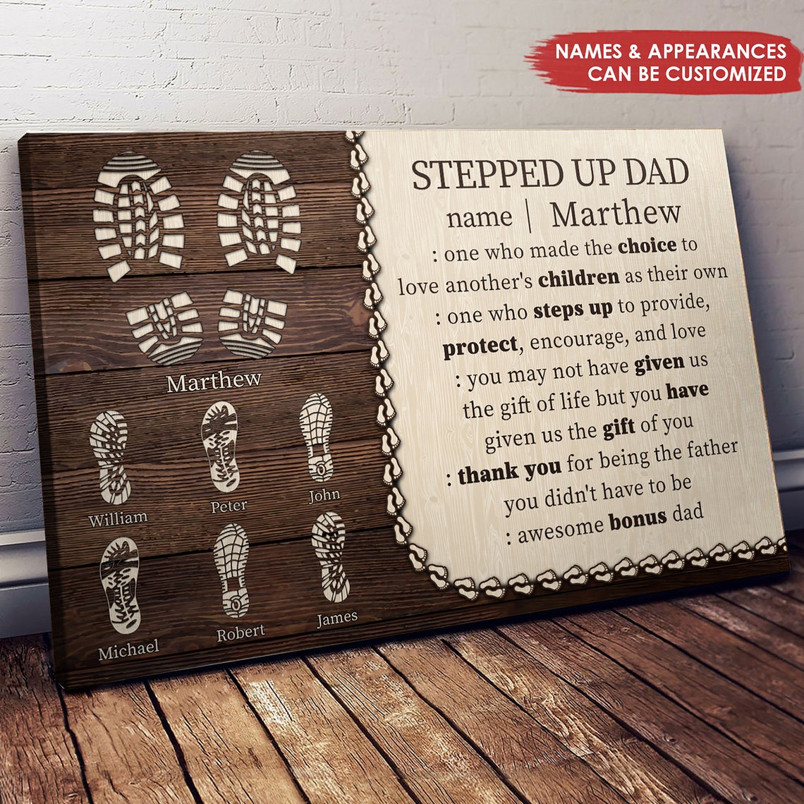 Stepped Up Bonus Dad Definition Footprints Rustic Gift Poster