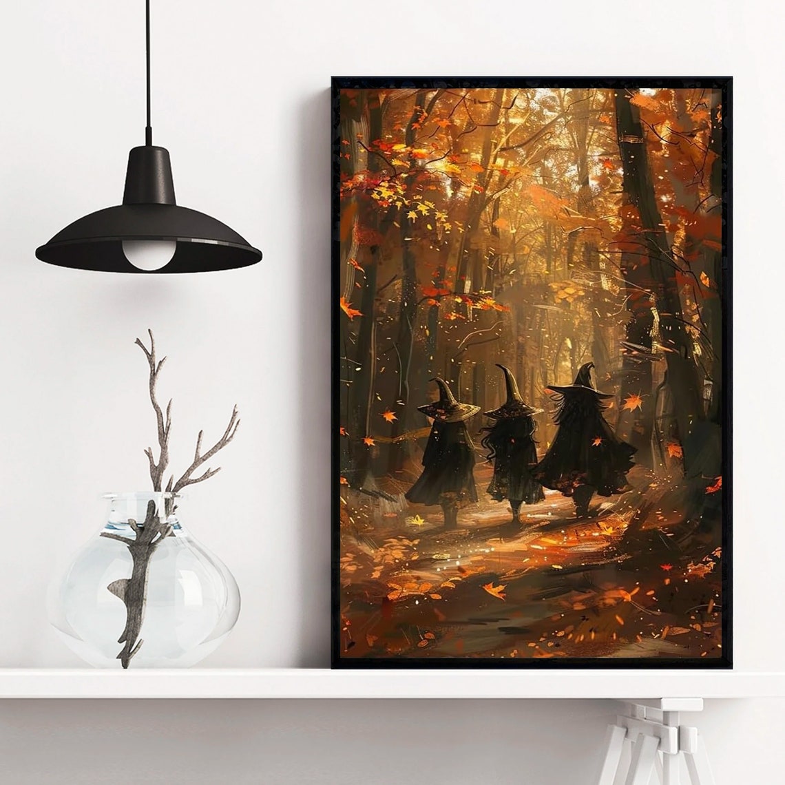 Three Witches Walking Autumn Forest Fall Halloween Art Poster - Image 3