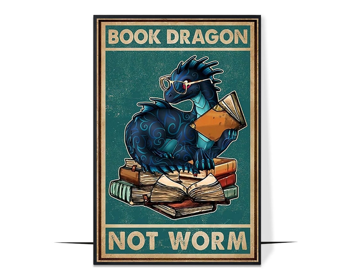 Book Dragon Not Worm Funny Poster Dragons Poster Retro Library Cafe Living Room Kitchen Bathroom Home Decor - Image 4