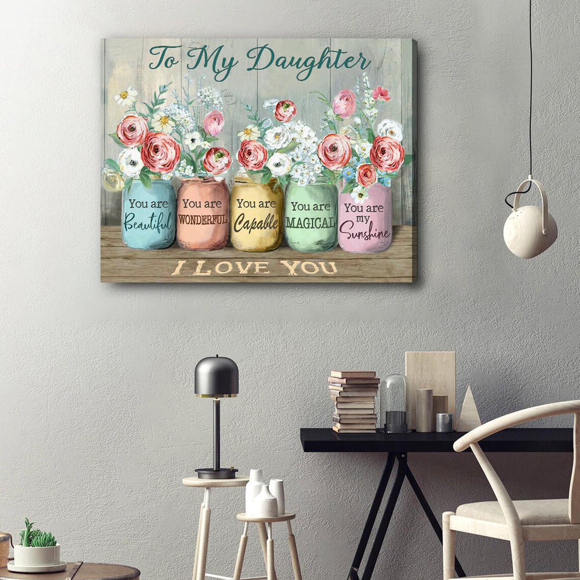 To My Daughter Pastel Floral Mason Jars 'I Love You' Gift Wall Art - Image 3