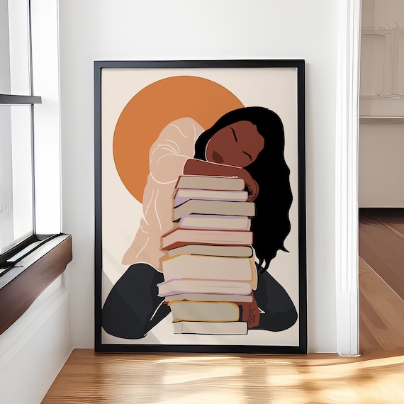 Book Lover Black Woman Hugging Stack Of Books Reading Art Poster