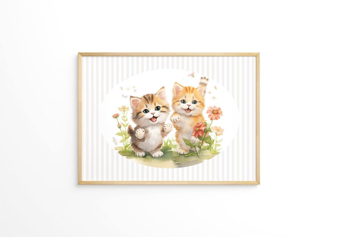 Two Playful Kittens in a Flower Garden Watercolor Nursery Wall Art