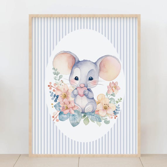 Blue Stripes Animal Print Baby Mouse Nursery Wall Art Cute Floral Kids Room Decor Artwork For Shower Gift