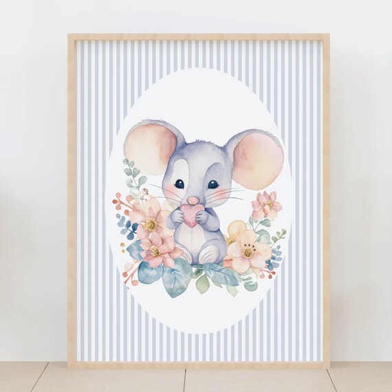Sweet Baby Mouse Holding a Pink Heart Watercolor Nursery Wall Art