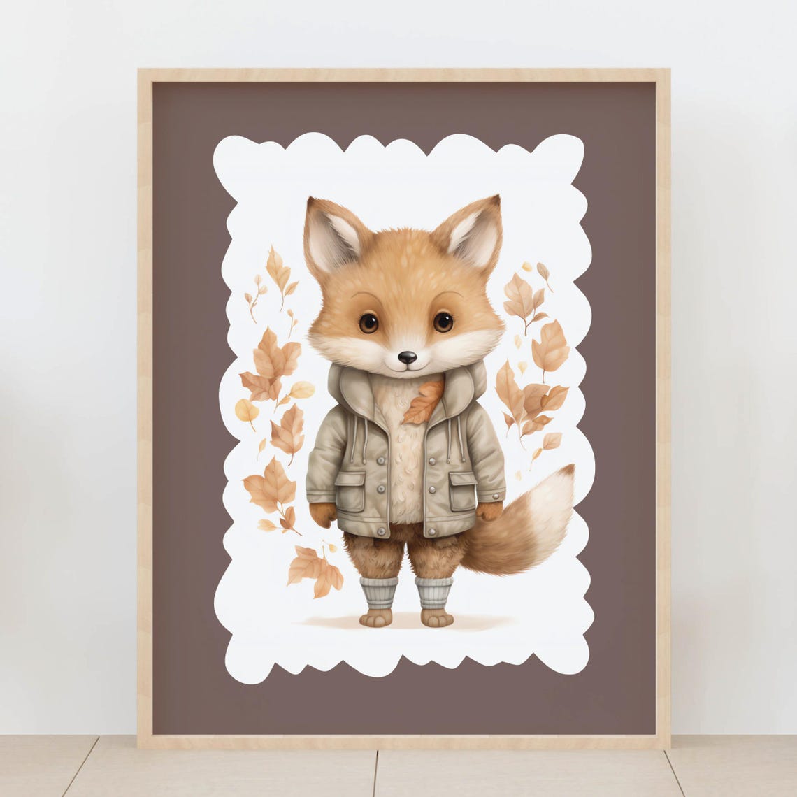 Cute Baby Fox Autumn Jacket Fall Leaves Kids Room Nursery Print