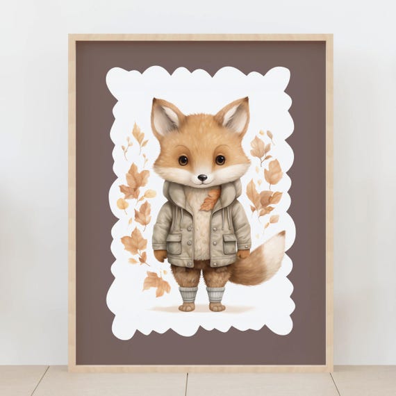 Cute Baby Fox In Autumn Jacket Nursery Wall Art Fall Animal Print For Kids Room Decor Instant File Unique Gift