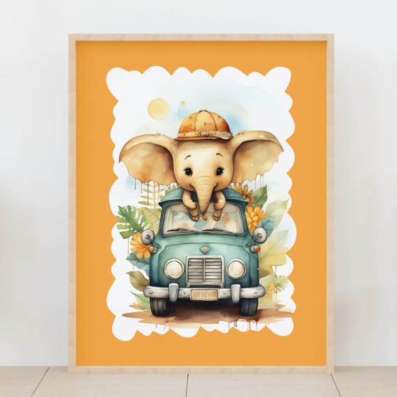 Baby Elephant In Safari Hat Driving Vintage Car Watercolor Jungle Nursery Wall Art Boho Kids Room Decor