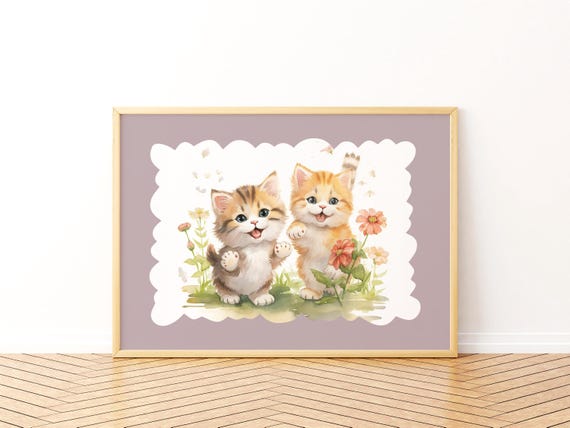 Two Cute Kittens Playing Watercolor Art Happy Cat Friends Nursery Print Adorable Pet Lover