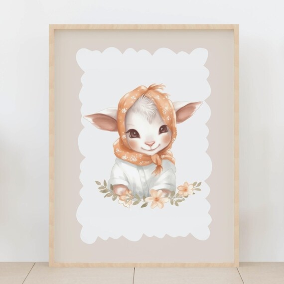 Baby Lamb Orange Scarf Watercolor Sweet Neutral Nursery Poster