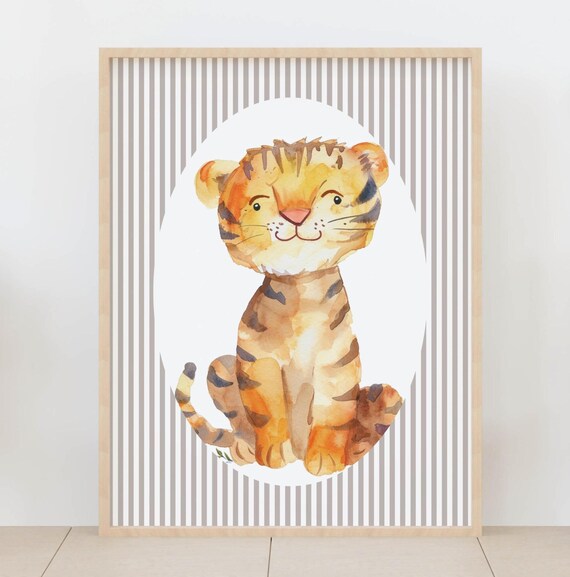 Cute Baby Tiger Cub Watercolor Striped Safari Nursery Poster