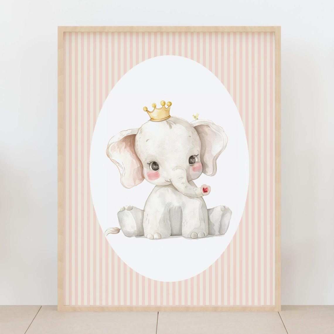 Baby Elephant Wearing Golden Crown Sweet Nursery Striped Wall Art