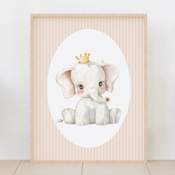 Baby Elephant Nursery Wall Art Striped Safari Animal Decor Watercolor Jungle Theme Kids Room Poster