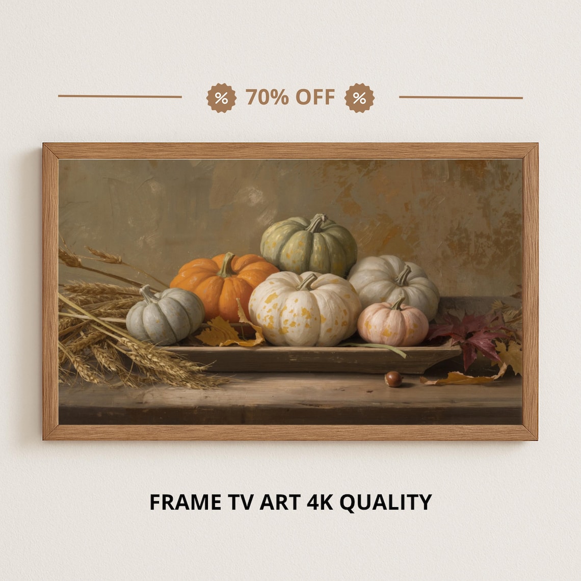 Pumpkins And Wheat Autumn Still Life Harvest Gourds On Wooden Tray Art Poster