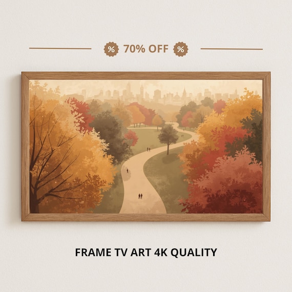 Autumn Park Path from Above with City Skyline Samsung Frame TV Art Print
