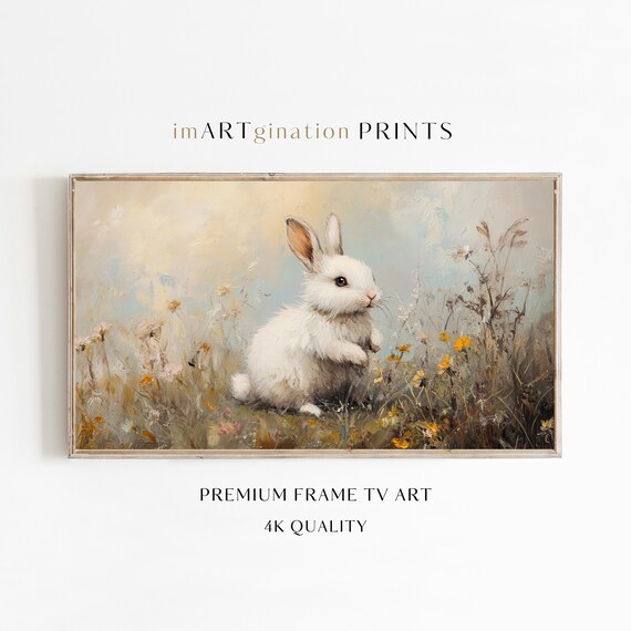 White Bunny Rabbit Meadow Wildflowers Vintage Spring Easter Oil Painting Poster