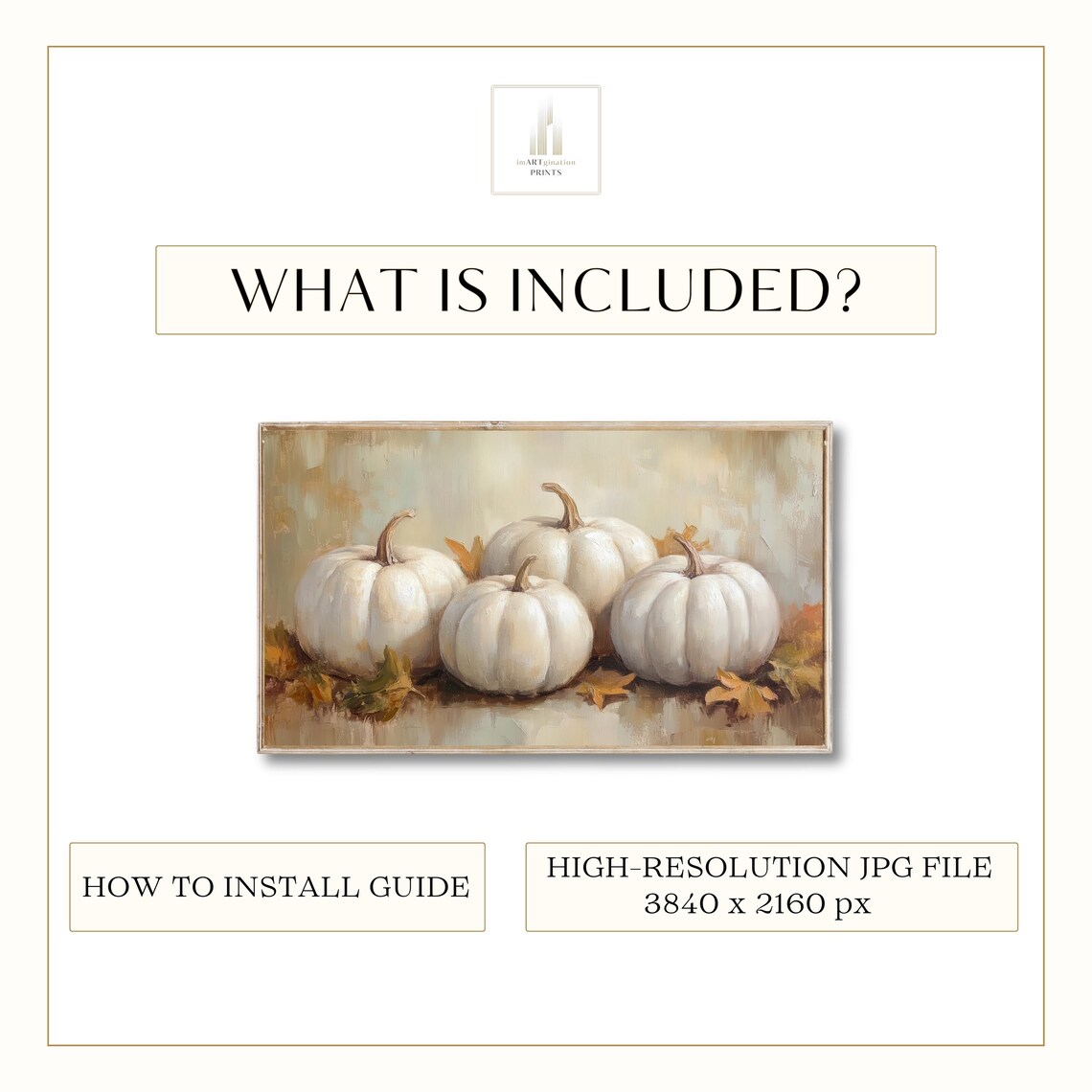 Four White Pumpkins Soft Fall Background Vintage Autumn Oil Painting Poster - Image 3