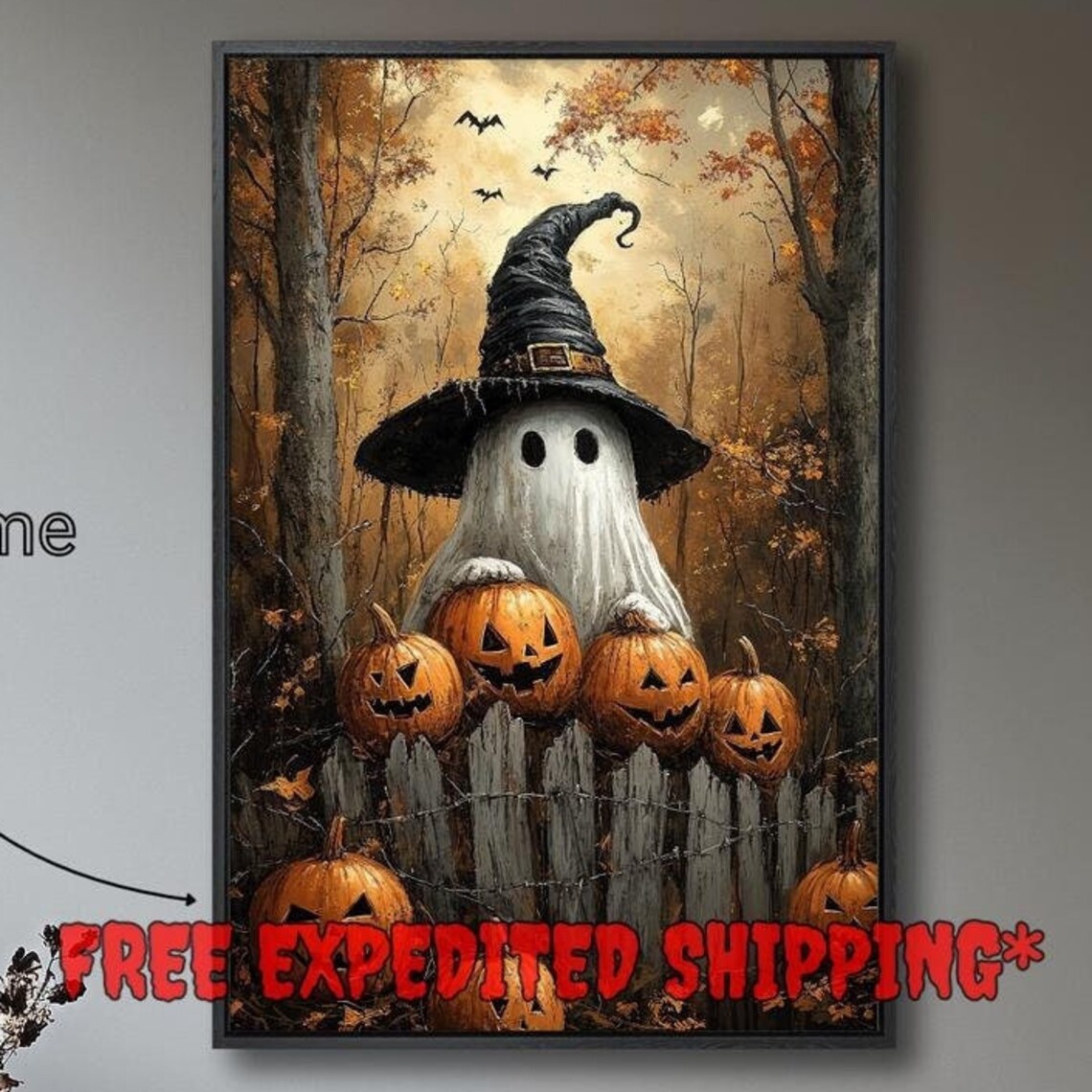 Ghost Wearing Witch Hat Halloween Poster, Rustic Decor