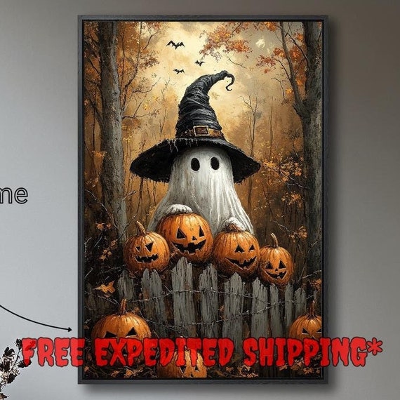 Ghost Wearing Witch Hat Halloween Poster, Rustic Decor