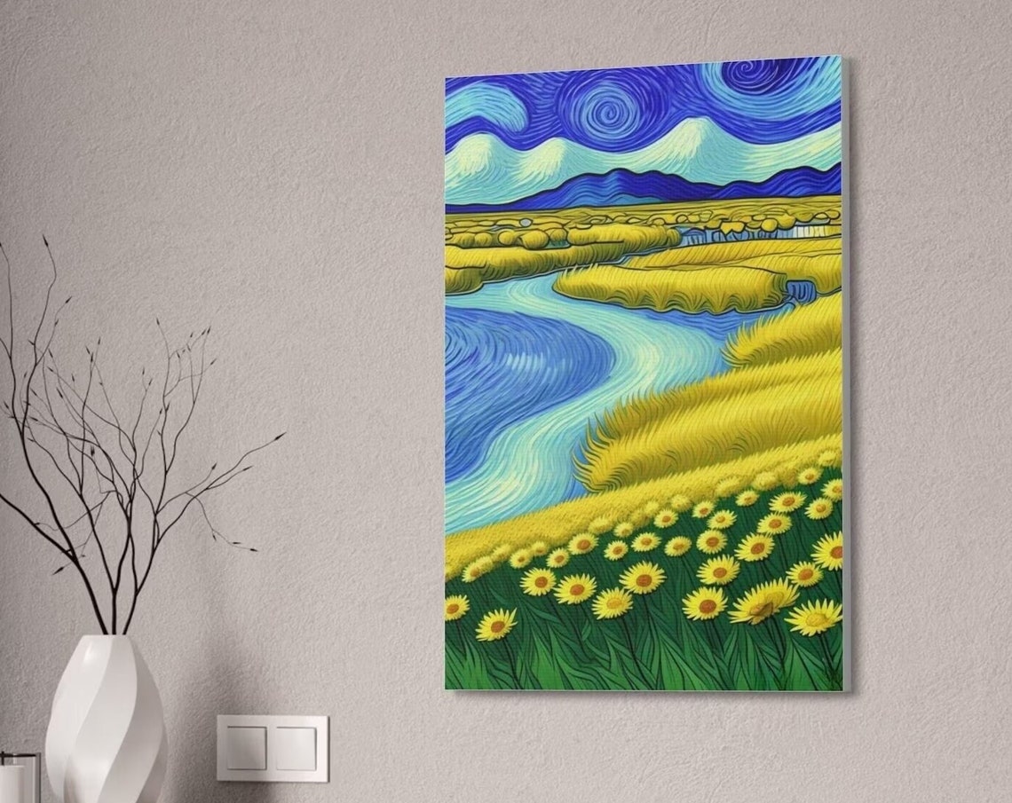 Van Gogh Style Sunflower Field River Swirling Blue Sky Art Poster