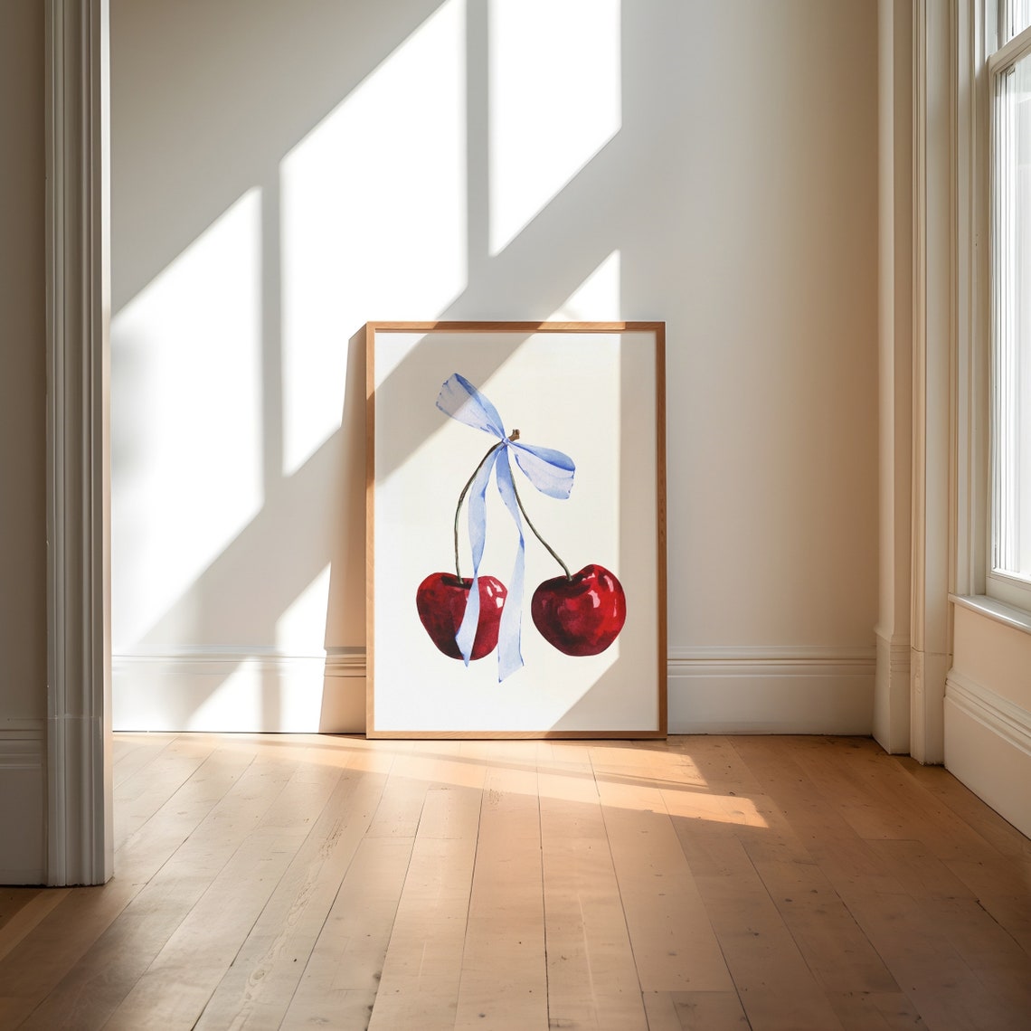 Red Cherries Tied With Light Blue Bow Coquette Watercolor Poster - Image 2