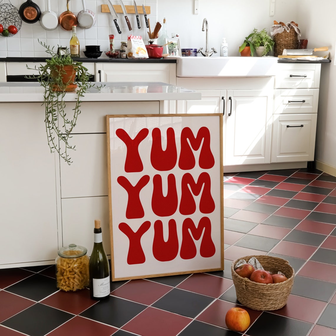 Yum Yum Yum Retro Bubble Letter Red Typography Kitchen Poster - Image 2