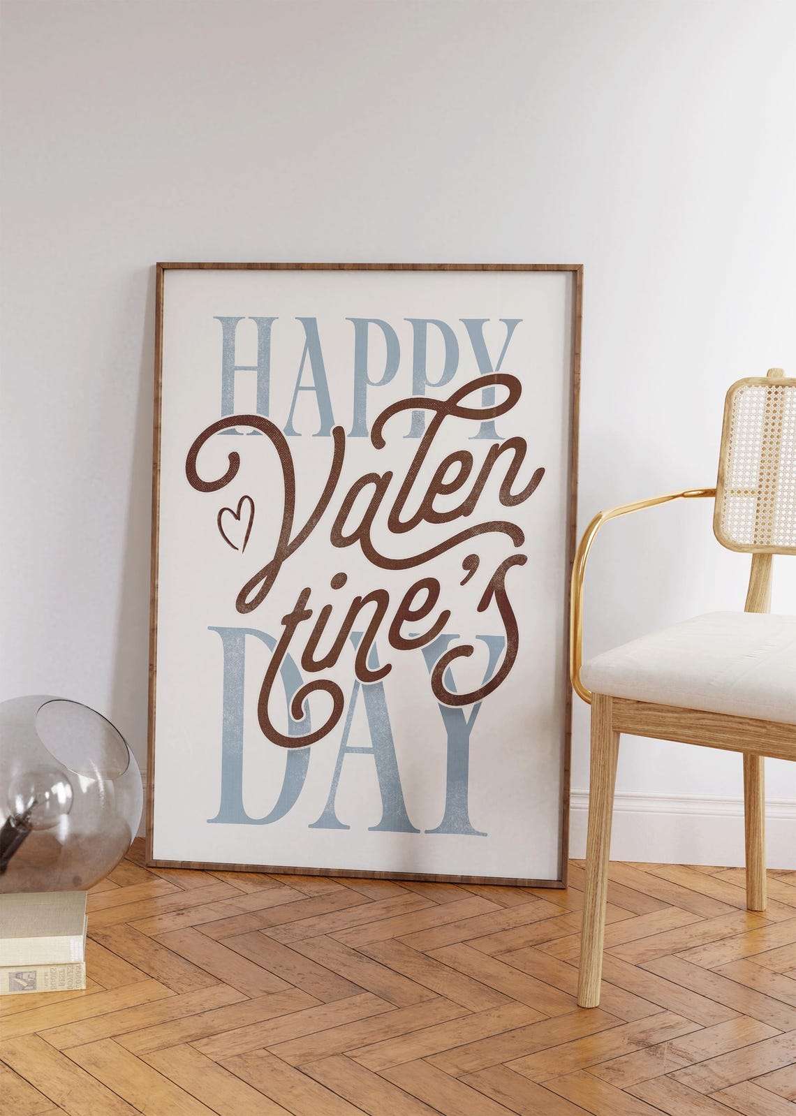 Happy Valentines Day Script Lettering Blue Brown Retro Wall Art Poster