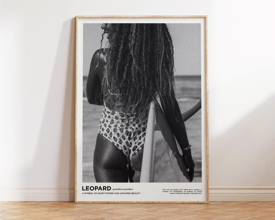 Leopard Swimsuit Surfer Girl Black White Beach Photography Print - Image 3