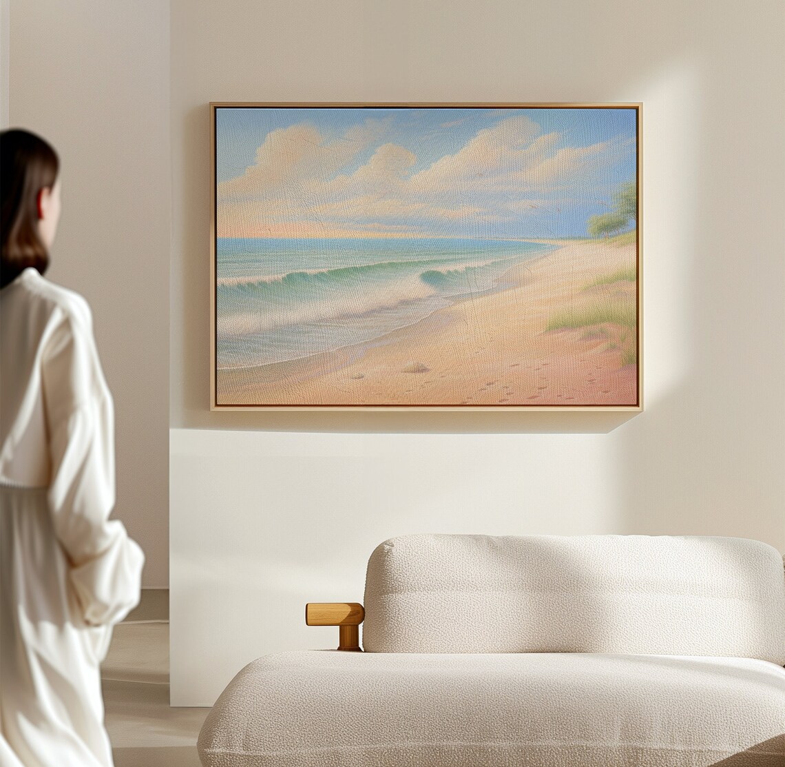 Pastel Beach Waves Sandy Shore Soft Coastal Landscape Calm Wall Art Print - Image 3