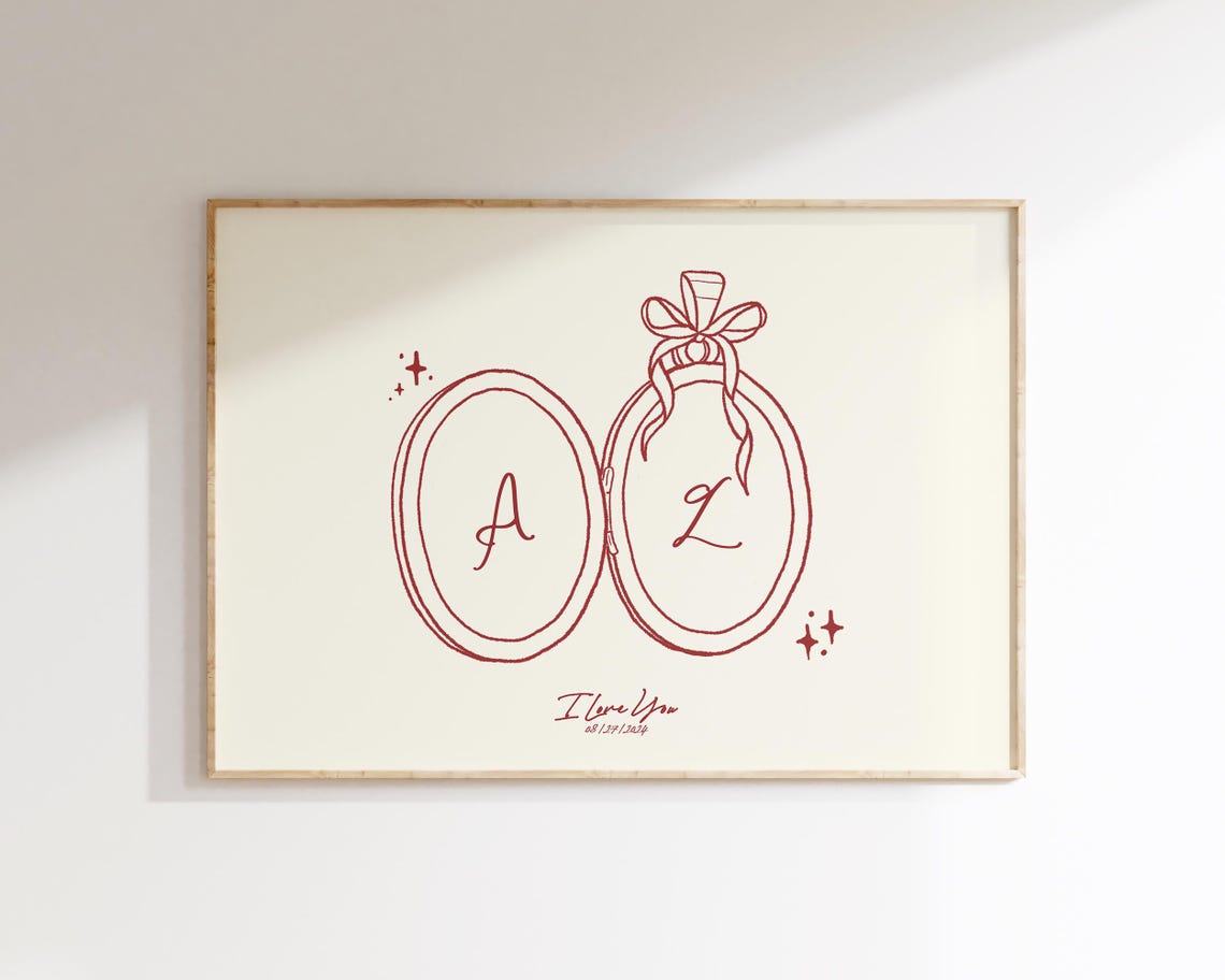 Custom Couple Initials Locket Line Art Personalized Anniversary Poster - Image 4