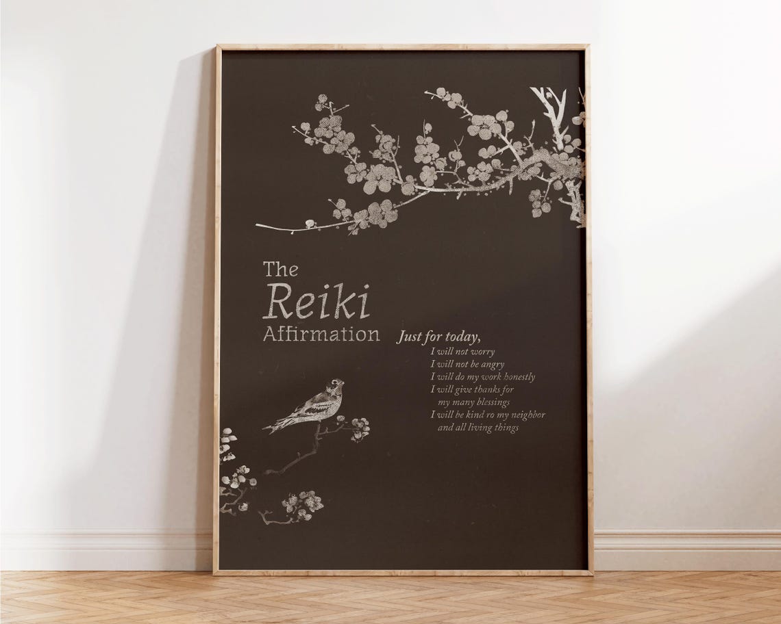 Reiki Affirmation Dark Plum Blossom Bird Zen Wellness Quote Poster - Image 3